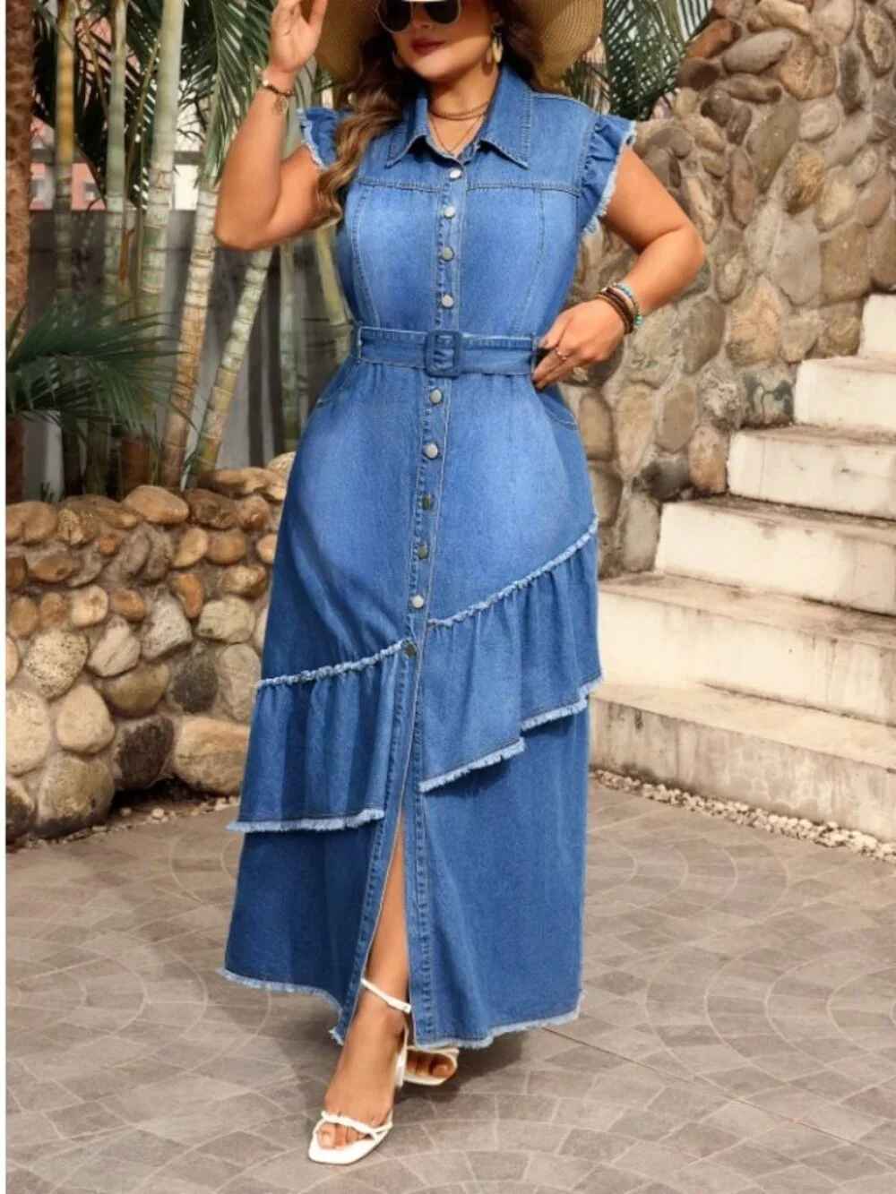 Chic Button-Front Denim Maxi Dress with Belted Waist in Plus Sizes - Picture 2 of 3